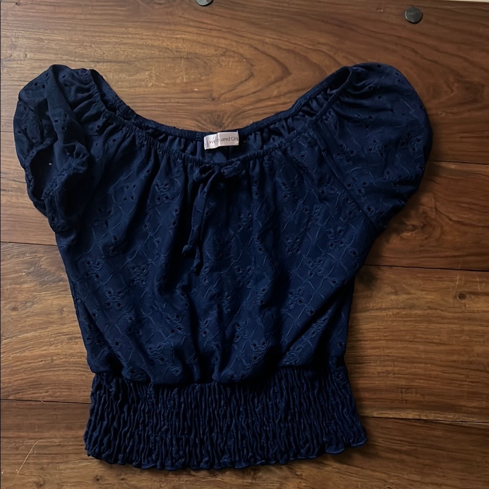 Love Squared girls Blue Puff Sleeve Smocked Blouse